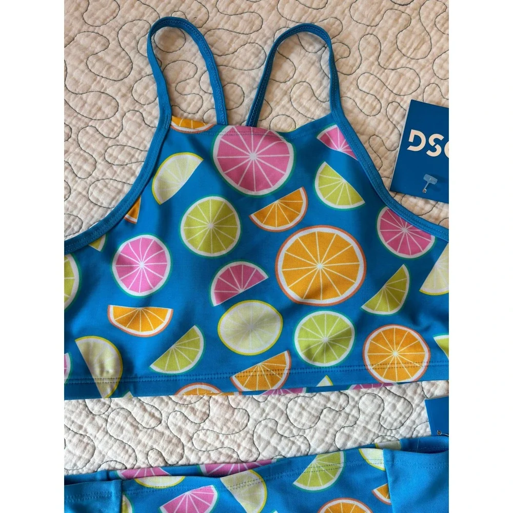 DSG Girls Blue Citrus Fruit Strappy Halter High Waisted Swimsuit‎ Set Size Large